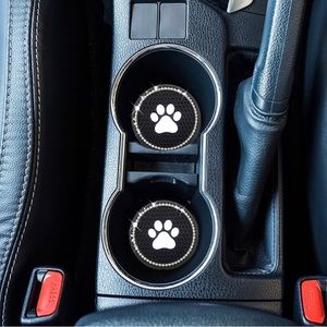 Paw Print Black and White Bling Rhinestone Car Coasters for Cup Holder 2 Pack